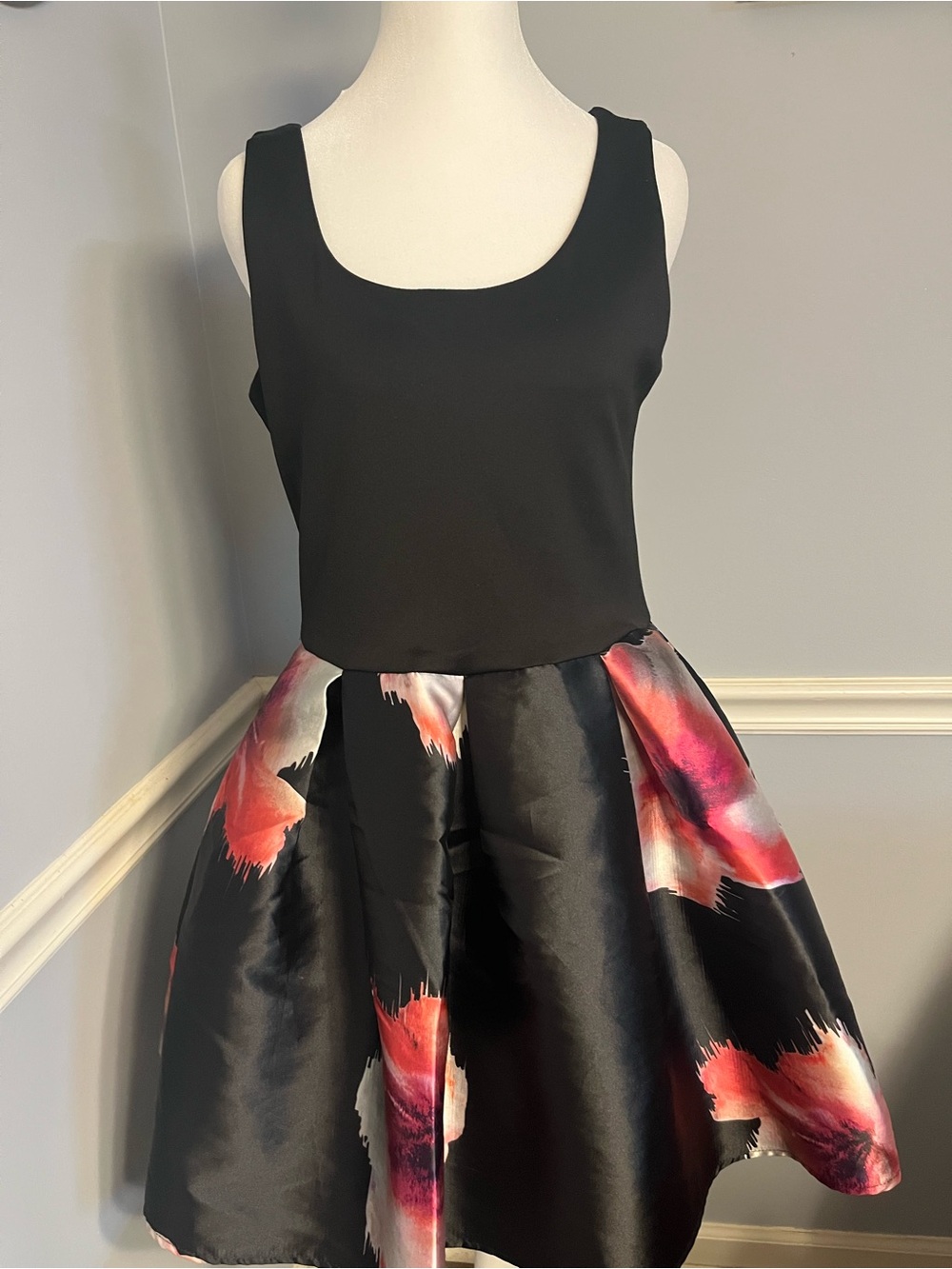 Teeze Me Black Circle Skirt with Pink & Red Brushstroke Floral Accents